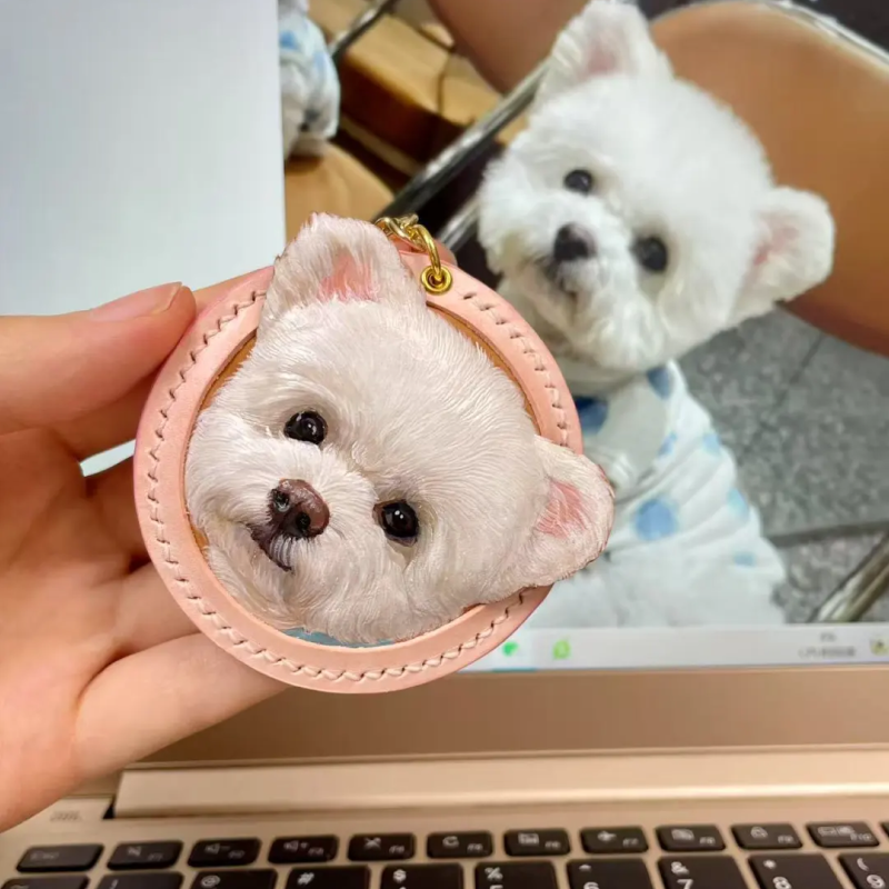 Hand-Carved Leather Pet Portrait Keychain — Made from Your Photo