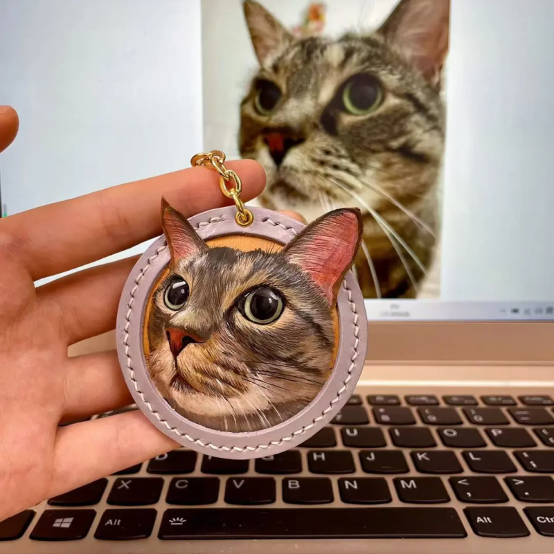 Custom Leather Pet Portrait — 3D Hand-Carved Keychain from Your Pet’s Photo